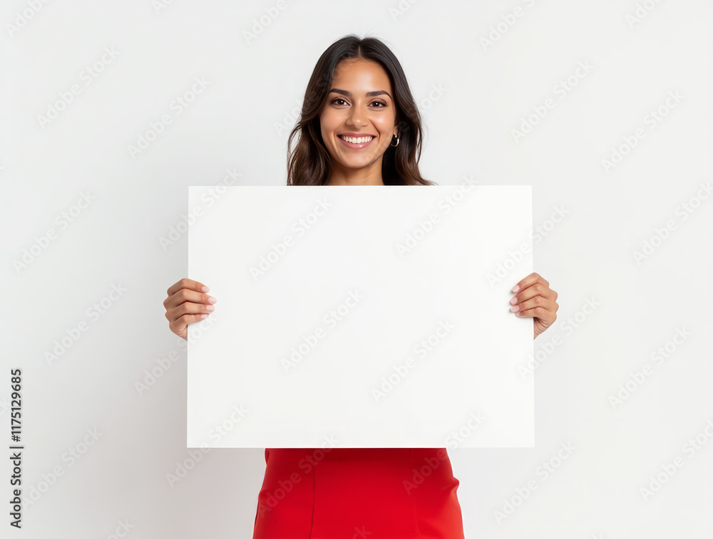 Captivating Image of a Young Latina Woman in a Striking Red Dress Holding a Blank Sheet of Paper Captivating Image of a Young Latina Woman in a Striking Red Dress Holding a Blank Sheet of Paper