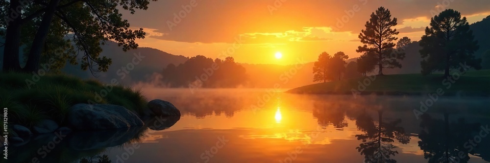 Yellow spotlight shines on a still pond at sunset, spotlight, , abstract Yellow spotlight shines on a still pond at sunset, spotlight, , abstract