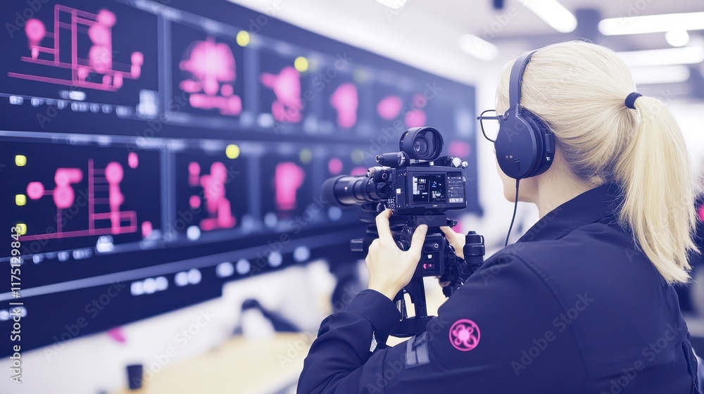 Fototapeta premium Blonde Woman Filmmaker Operating Professional Camera in Modern Studio Setting