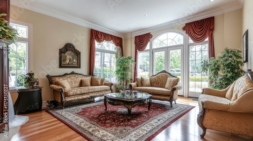 A spacious living room with large windows allowing natural light to flood the room, featuring elegant furniture and dcor.