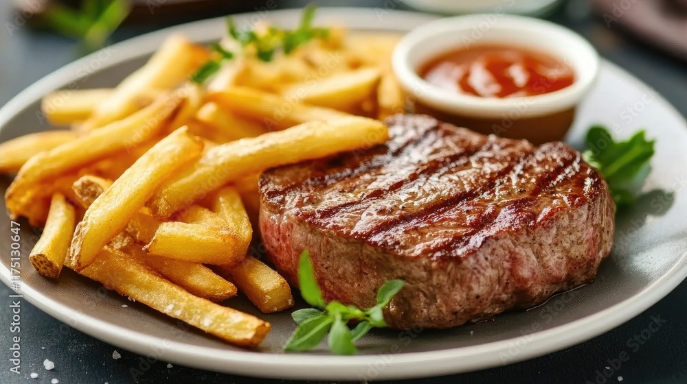 A steak and fries combo with a perfectly cooked steak, crispy fries, and a small dipping sauce on a plate. A steak and fries combo with a perfectly cooked steak, crispy fries, and a small dipping sauce on a plate.