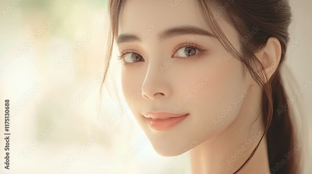 Naklejka premium Beautiful Woman Portrait Soft Lighting Gentle Smile