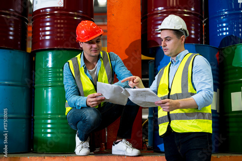 Engineer working team service and discussing plan of maintenance machine in heavy industrial factory