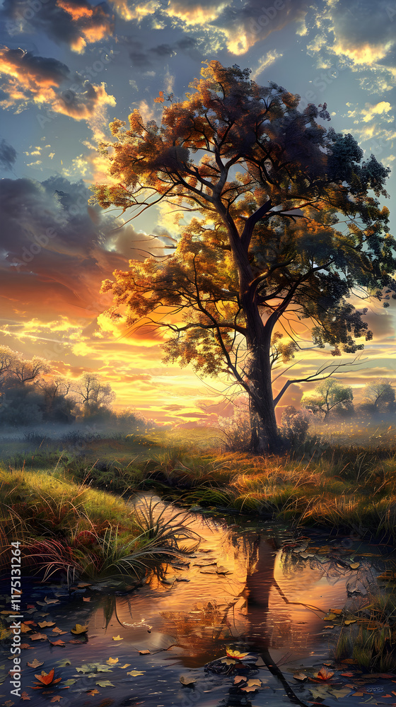 A Serene Meadow at Dawn with a Majestic Tree and Reflective Stream - An Eternal Hymn of Nature's Resilience and Beauty A Serene Meadow at Dawn with a Majestic Tree and Reflective Stream - An Eternal Hymn of Nature's Resilience and Beauty