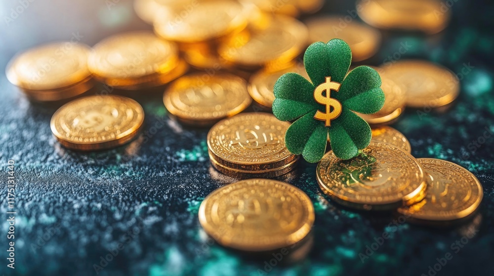 Golden coins and green shamrock symbolizing wealth and fortune. Happy St. Patrick's Day Golden coins and green shamrock symbolizing wealth and fortune. Happy St. Patrick's Day