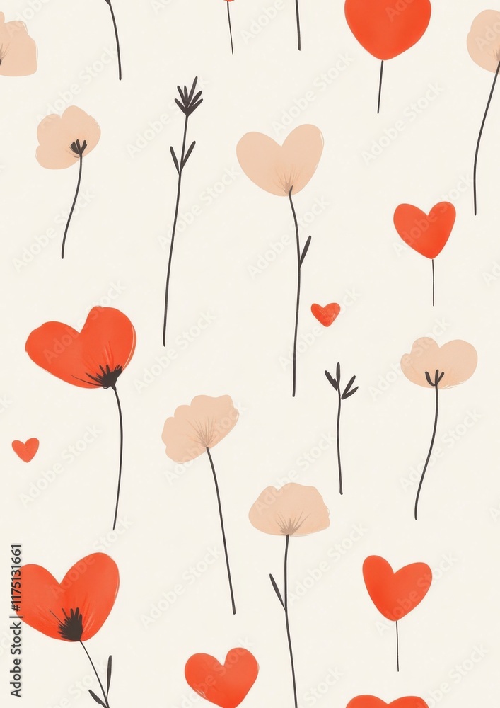Heart-Shaped Flowers Pattern, Minimalistic Flat Design, Cute Illustration. Heart-Shaped Flowers Pattern, Minimalistic Flat Design, Cute Illustration.