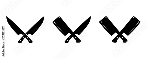 Meat cutting knives set. Set of butcher meat knives vector. Restaurant or cafe kitchen slicing knives, chef stainless knife set 