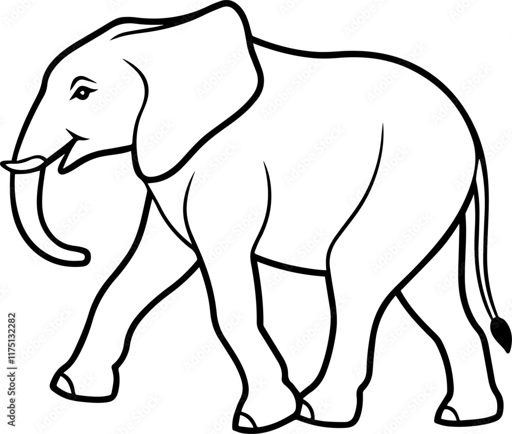 Obraz premium Black line art of a Walking Elephant on a White Background - Vector Illustration