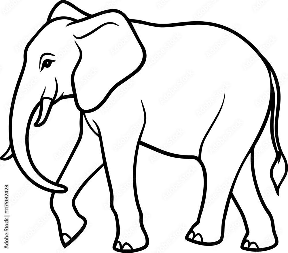 Obraz premium Black line art of a Walking Elephant on a White Background - Vector Illustration
