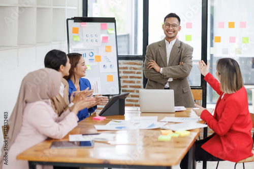 Wallpaper Mural Business asian people, happy and celebration for success in office with company investment and stock market bonus. Teamwork, employees and support or trading achievement excited in boardroom. Torontodigital.ca