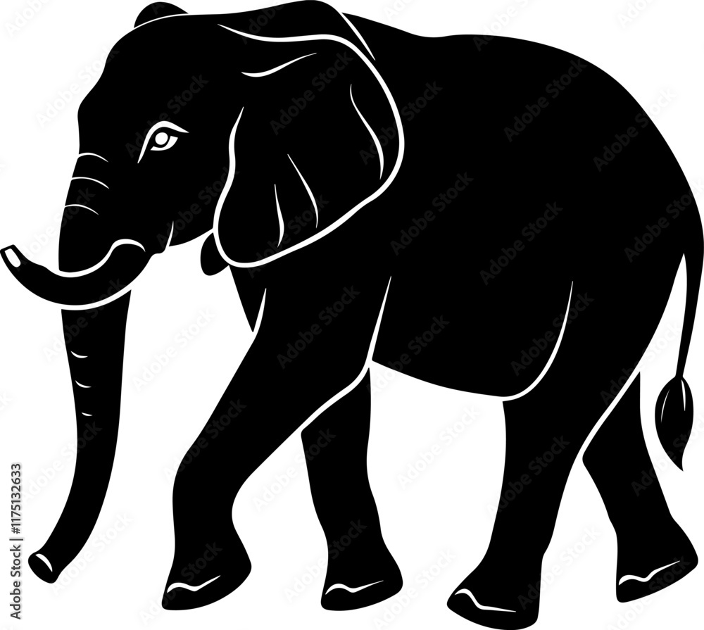 Fototapeta premium Black Silhouette of a Walking Elephant on a White Background - Vector Illustration