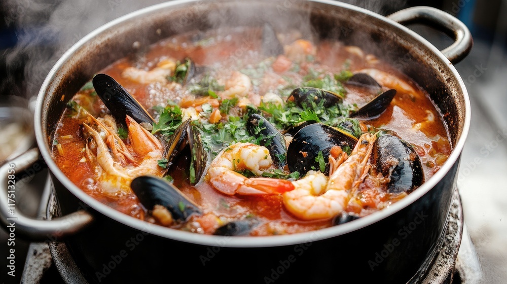 A steaming pot of seafood tom yum soup, filled with shrimp, squid, mussels, and fresh herbs. A steaming pot of seafood tom yum soup, filled with shrimp, squid, mussels, and fresh herbs.
