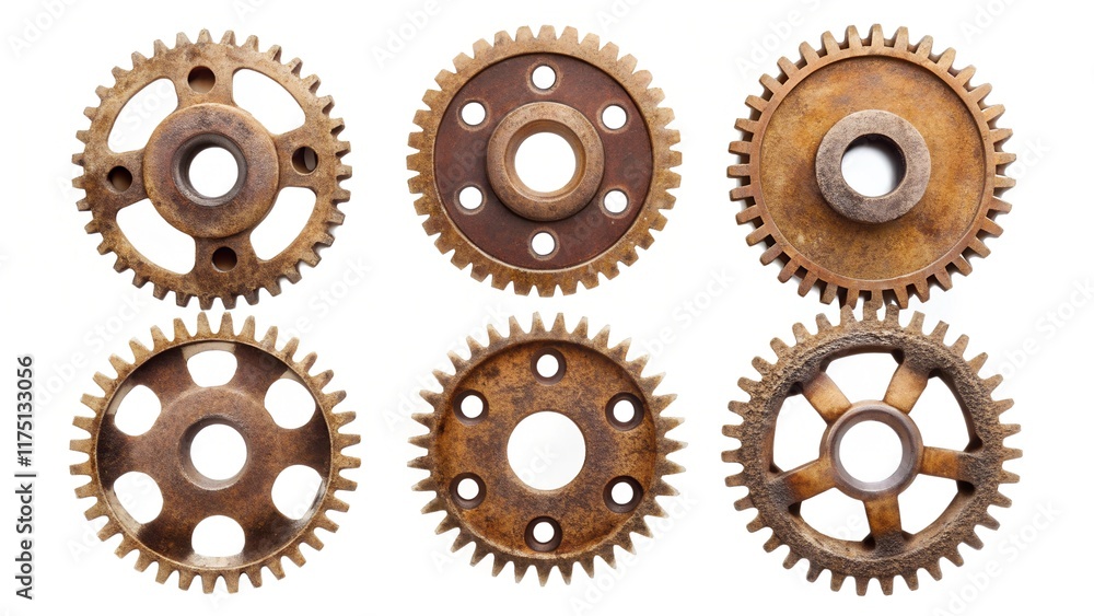 A collection of six rusty cogwheels isolated on a white background, showcasing unique shapes, circular cutouts, and weathered textures, symbolizing industrial design and mechanical precision. A collection of six rusty cogwheels isolated on a white background, showcasing unique shapes, circular cutouts, and weathered textures, symbolizing industrial design and mechanical precision.