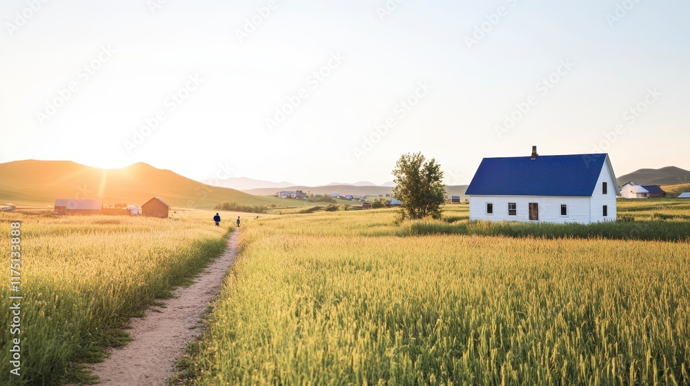 Serene Sunset over Golden Wheat Field with Farmhouse and Figures Walking on a Path Serene Sunset over Golden Wheat Field with Farmhouse and Figures Walking on a Path