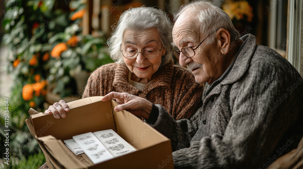 Elderly caucasian couple enjoying memories through old photos in a cozy setting. The 14th of February. Happy Valentine's Day. grandparents day Elderly caucasian couple enjoying memories through old photos in a cozy setting. The 14th of February. Happy Valentine's Day. grandparents day
