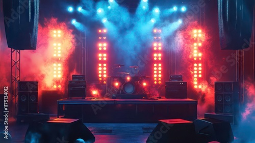 Empty concert stage with lighting, drum kit, and speakers.