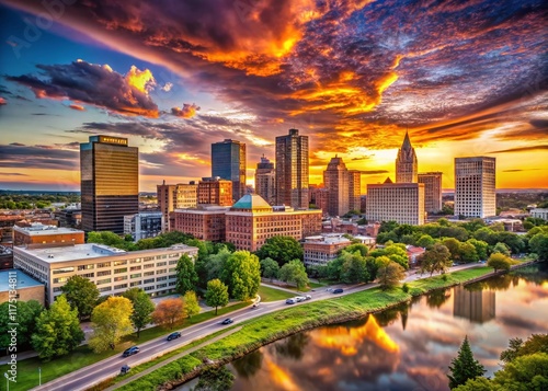 Rochester NY Skyline Panoramic View at Sunset, Cityscape Photography