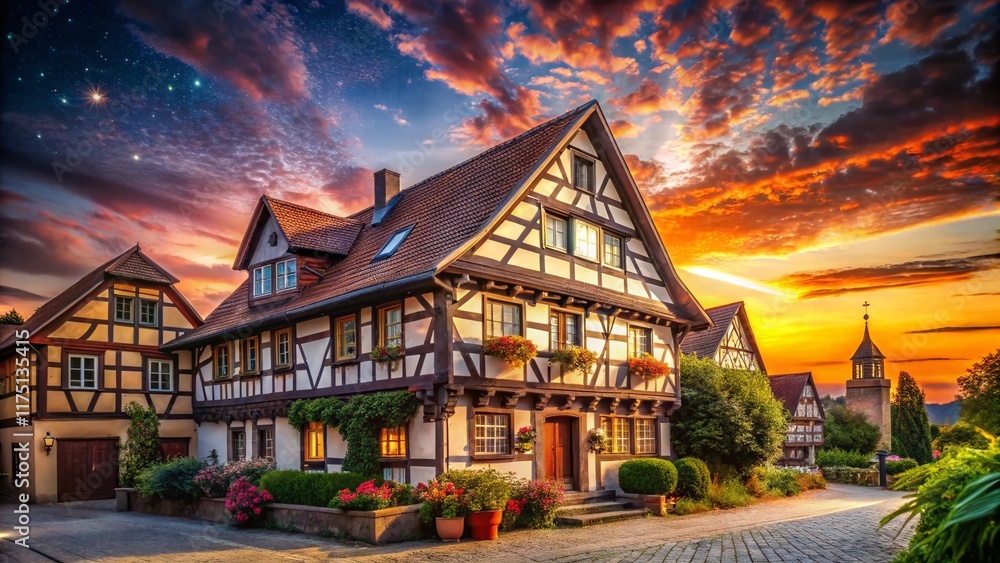 Obraz premium Romantic Bavarian Half-Timbered House at Dusk, Low Light Photography