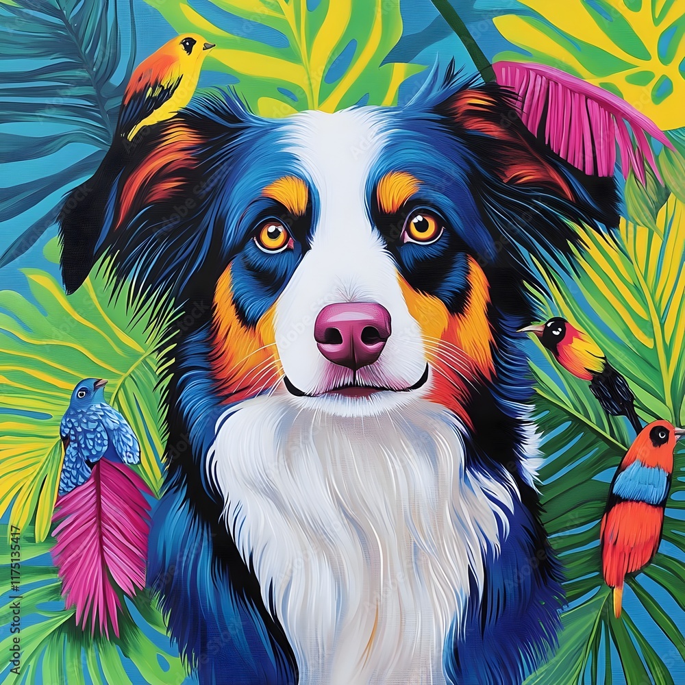 Naklejka premium A vibrant illustration of a dog surrounded by colorful birds and tropical foliage.