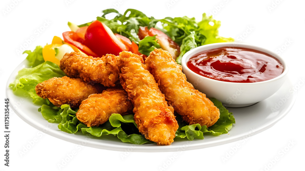 Crispy Chicken Tenders Salad and Ketchup Restaurant Meal Crispy Chicken Tenders Salad and Ketchup Restaurant Meal