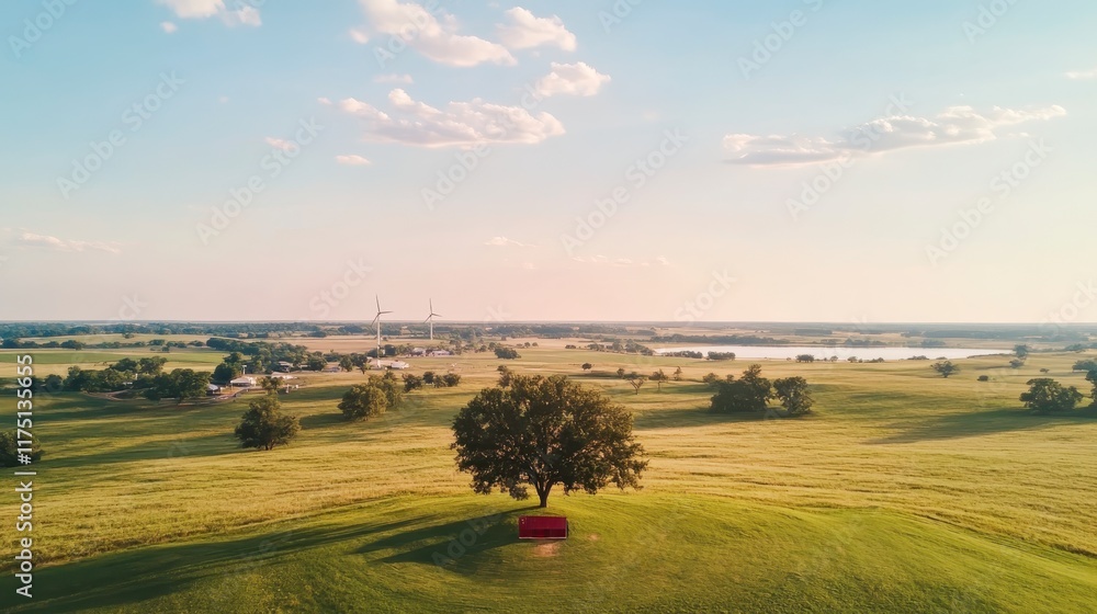 Fototapeta premium Serene Rural Landscape Wind Turbines Green Fields and Lone Tree with Bench