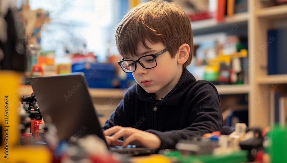 Fototapeta premium Young boy concentrating on laptop typing in home environment focused learning activity