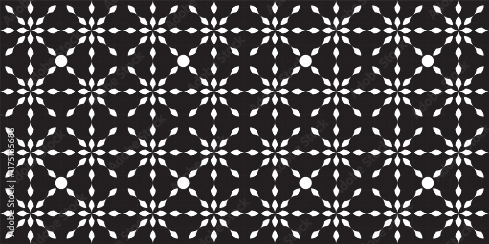 Vector seamless floral geometric ornamental texture pattern in white color in illustration on black background graphic vector Vector seamless floral geometric ornamental texture pattern in white color in illustration on black background graphic vector