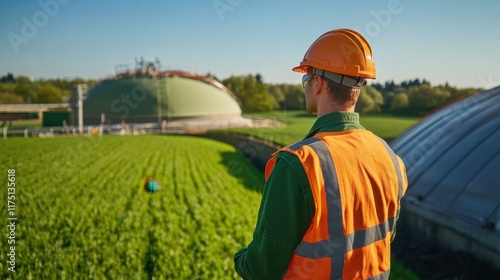 Worker Inspecting Biogas Production Facility with Safety Helmet