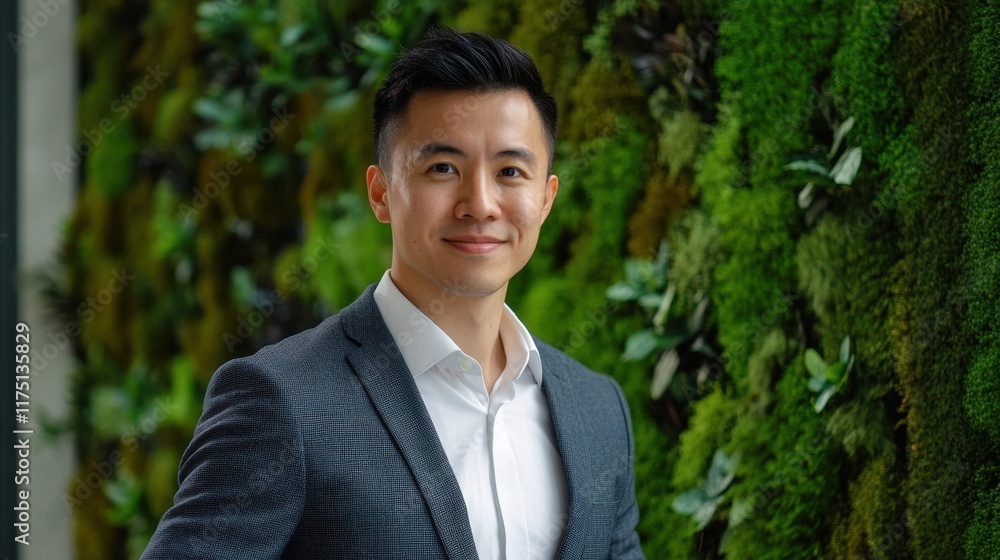 Stylish Man Posing on Modern Outdoor Terrace Surrounded by Greenery Stylish Man Posing on Modern Outdoor Terrace Surrounded by Greenery