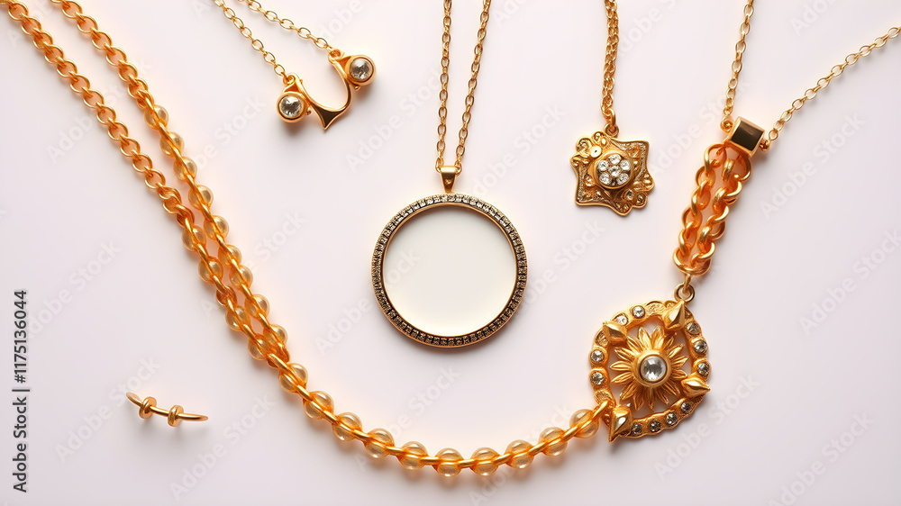 Gold jewelry isolated on white background. Flat lay, top view. Generative AI Gold jewelry isolated on white background. Flat lay, top view. Generative AI