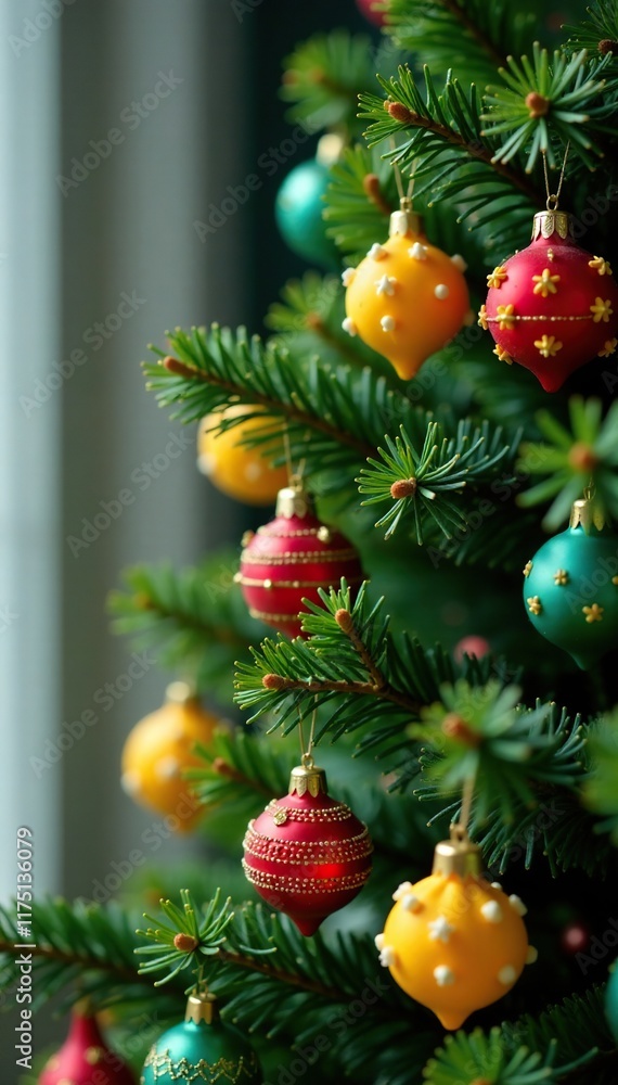 A fragrant evergreen fir topped with colorful pasta shapes resembling ornaments, holiday decor, festive A fragrant evergreen fir topped with colorful pasta shapes resembling ornaments, holiday decor, festive