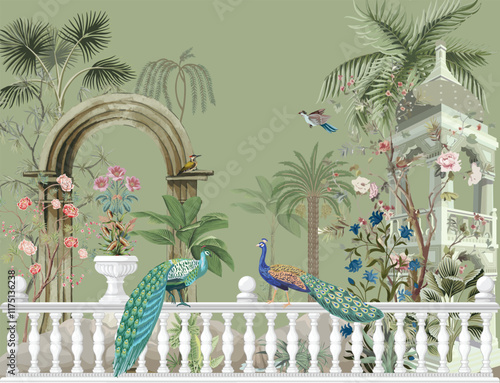 Mughal eastern garden arch, palace, bird, parrot vector illustration pattern.