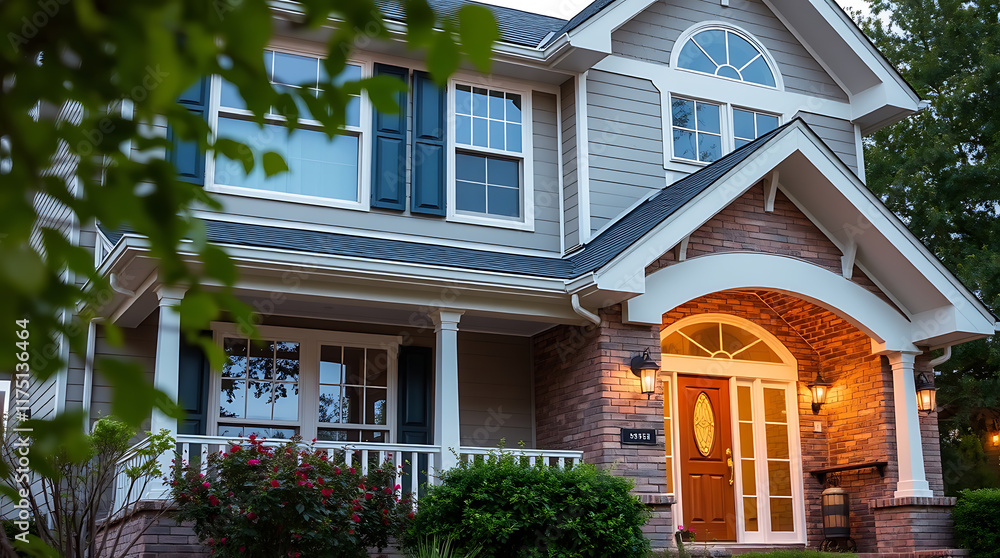 Obraz premium Two-story house, gray siding, brick accents, porch, large windows, dark shutters. Warm lighting illuminates the entryway. Landscaping includes shrubs and flowers. Part of a tree obscures the view.