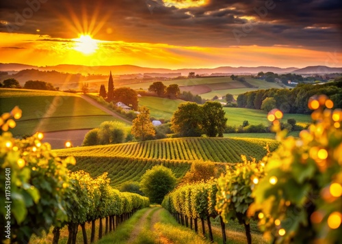 Romantic Gascony Sunset: Bokeh Lights Over Rolling Hills and Vineyards