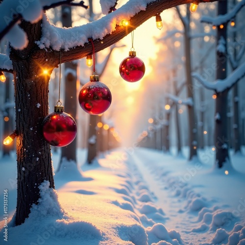 A snowy forest with Christmas lights and ornaments hung from the trees like icicles, winter, ornaments photo