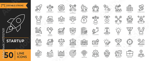 Startup icon set. Containing business, entrepreneurship, innovation, business plan, investment, launch, funding, investor and more icons.