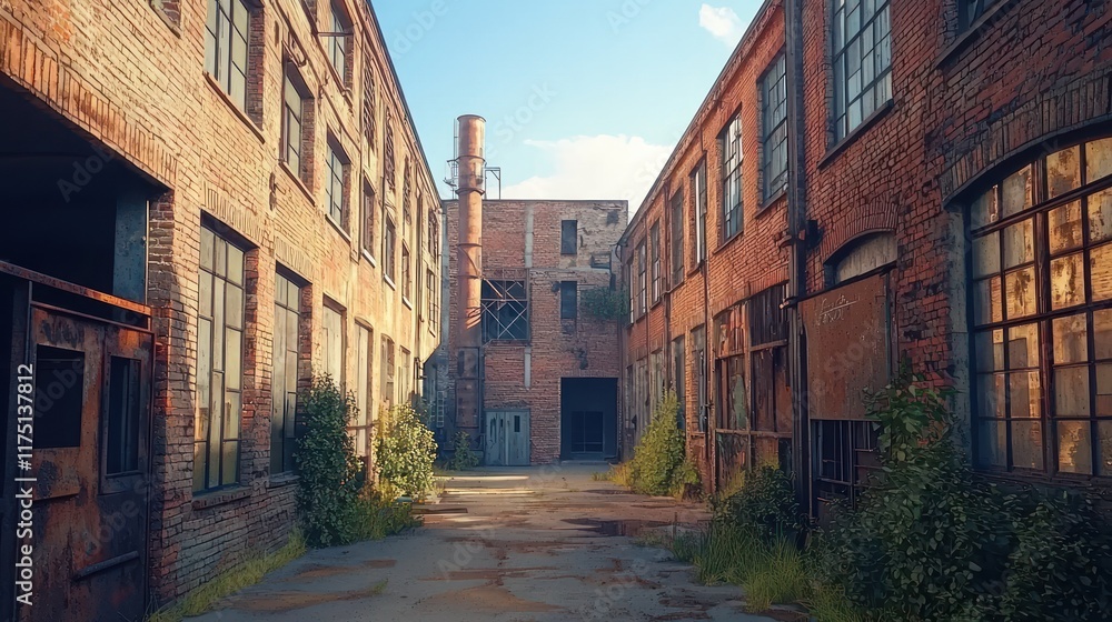 Old Brick Factory Alleyway Showing Decay And Overgrowth Old Brick Factory Alleyway Showing Decay And Overgrowth