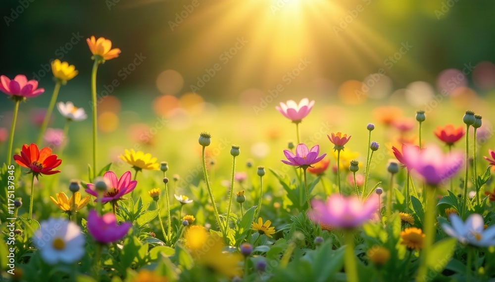 Fototapeta premium Backlit field of colorful wildflowers with delicate shadows, wildflowers, spring