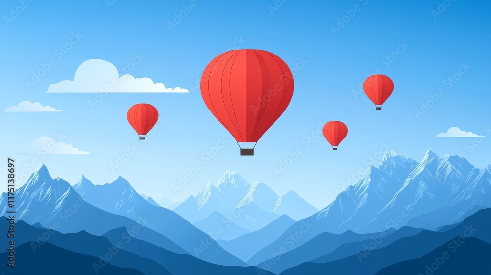 Fototapeta premium Red Hot Air Balloons Ascending Over Majestic Blue Mountains