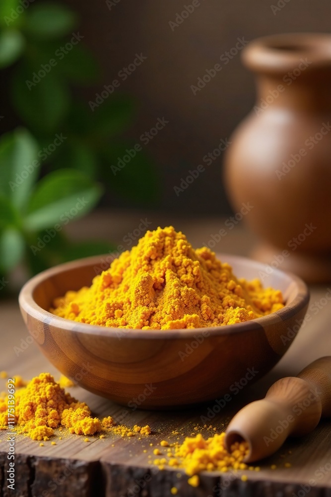 Turmeric powder in a simple wooden bowl on a natural wood table, kitchen, earthy, natural Turmeric powder in a simple wooden bowl on a natural wood table, kitchen, earthy, natural