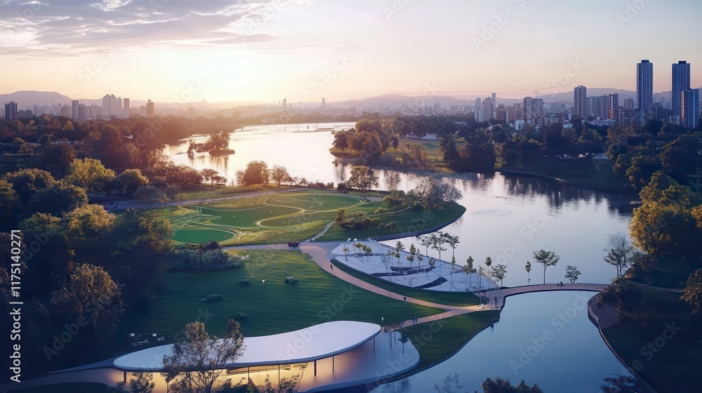 Naklejka premium Stunning Aerial View of City Park at Sunset Featuring Lakeside Recreation Modern Pavilion