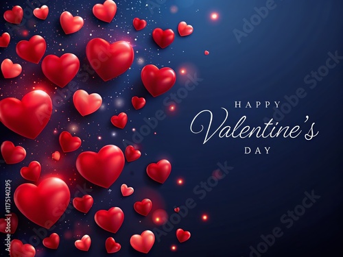 Romantic Valentine's Day Background: Red Hearts on Dark Blue, Copy Space Left