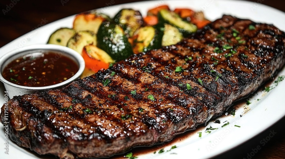 A vibrant display of a grilled steak on a rustic plate, surrounded by colorful roasted vegetables and a side of tangy dipping sauce, inviting viewers to enjoy A vibrant display of a grilled steak on a rustic plate, surrounded by colorful roasted vegetables and a side of tangy dipping sauce, inviting viewers to enjoy