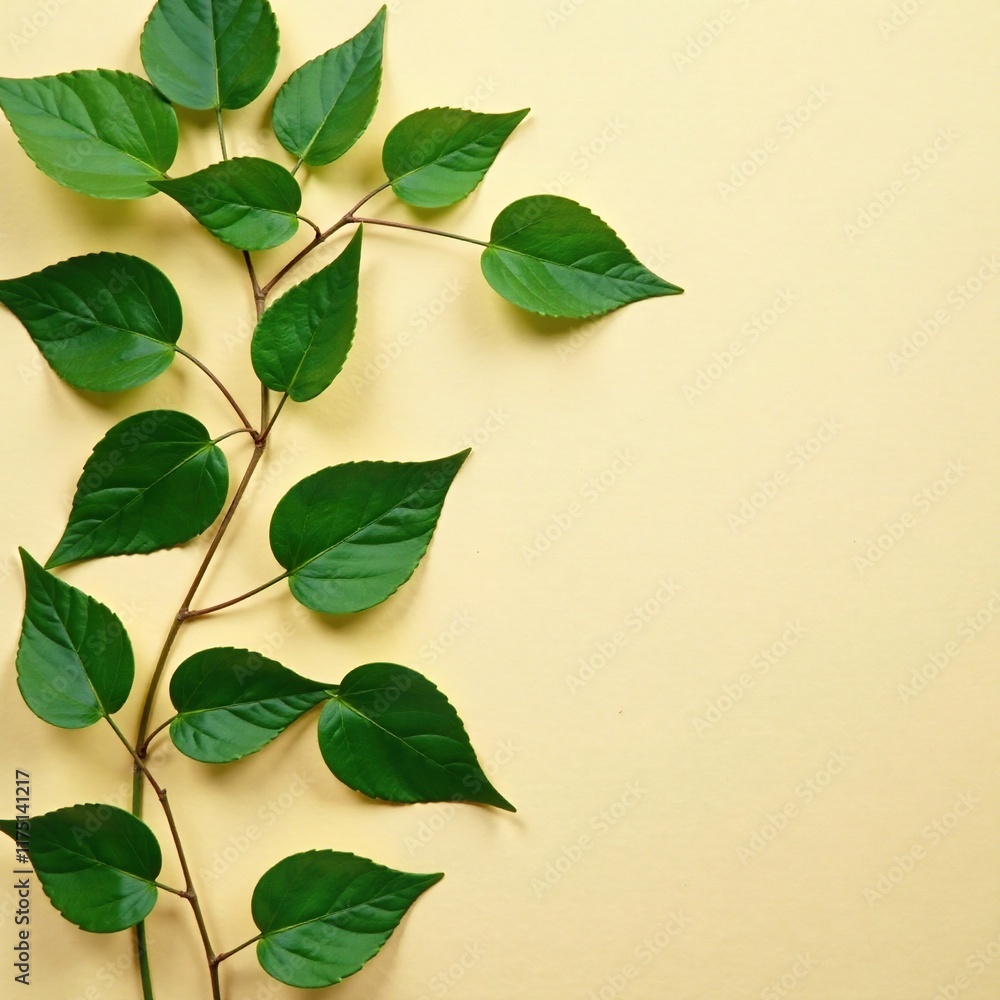 Delicate green leaves scattered on a beige surface, earthy tones, natural Delicate green leaves scattered on a beige surface, earthy tones, natural