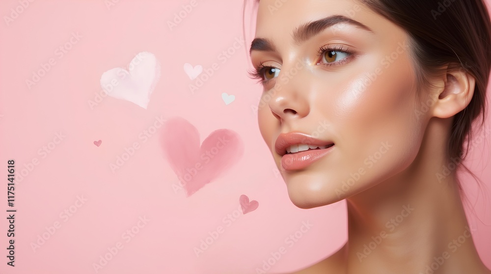 Close-up of a young woman, model with flawless makeup, glowing skin and natural smile on pink background with acarel hearts with space for text. For advertising cosmetic products, skin care brands. Close-up of a young woman, model with flawless makeup, glowing skin and natural smile on pink background with acarel hearts with space for text. For advertising cosmetic products, skin care brands.