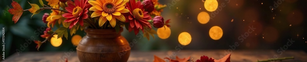 Fairy lights glowing through an autumn flower arrangement in a wooden vase, fairy lights, seasonal ambiance Fairy lights glowing through an autumn flower arrangement in a wooden vase, fairy lights, seasonal ambiance