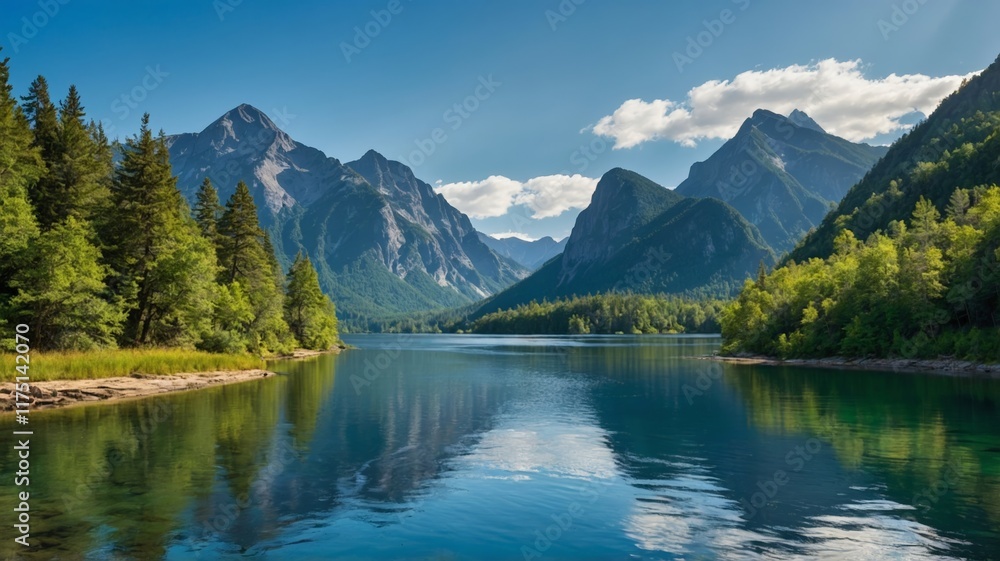 Serene Mountain Lake: A Breathtaking Panorama of Majestic Peaks and Lush Greenery Serene Mountain Lake: A Breathtaking Panorama of Majestic Peaks and Lush Greenery