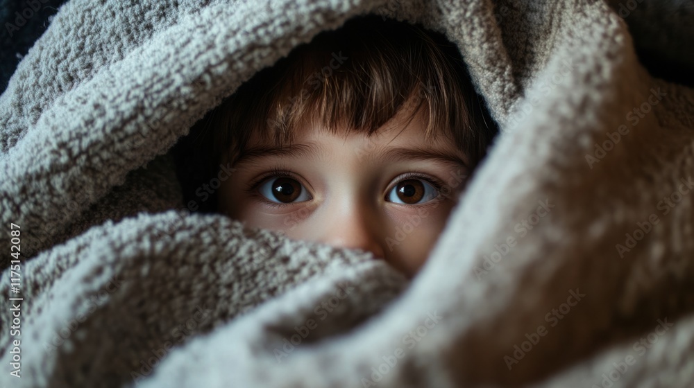 A child peeking out from under a blanket, with barley swelling visible on their lower eyelid, in a cozy room A child peeking out from under a blanket, with barley swelling visible on their lower eyelid, in a cozy room