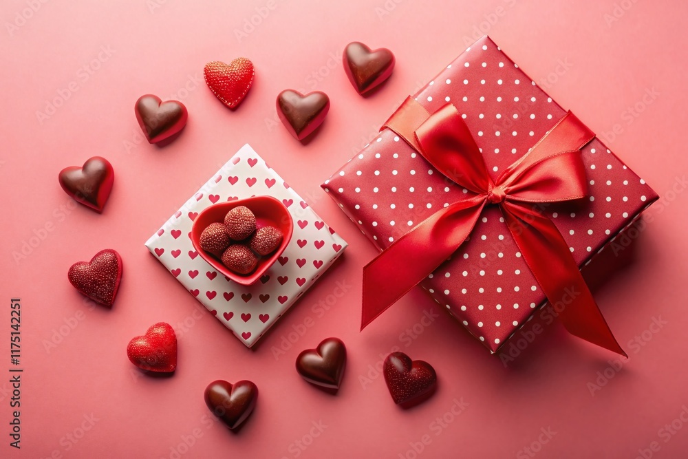 Romantic Valentine's Day Gift Scene: Red Gift, Envelope, Chocolates on Pink Romantic Valentine's Day Gift Scene: Red Gift, Envelope, Chocolates on Pink