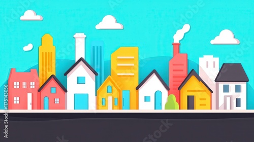 Vibrant Cityscape Illustration Colorful Houses Skyscrapers and Factory
